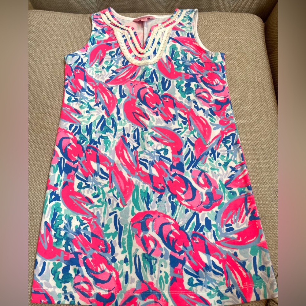 Lilly Pulitzer Pink Blue Green Beaded Neckline Shift Dress